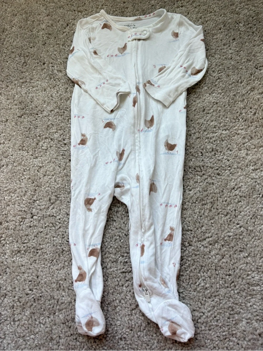 Carters White Baby Footed Sleeper with Brown Chick Pattern
